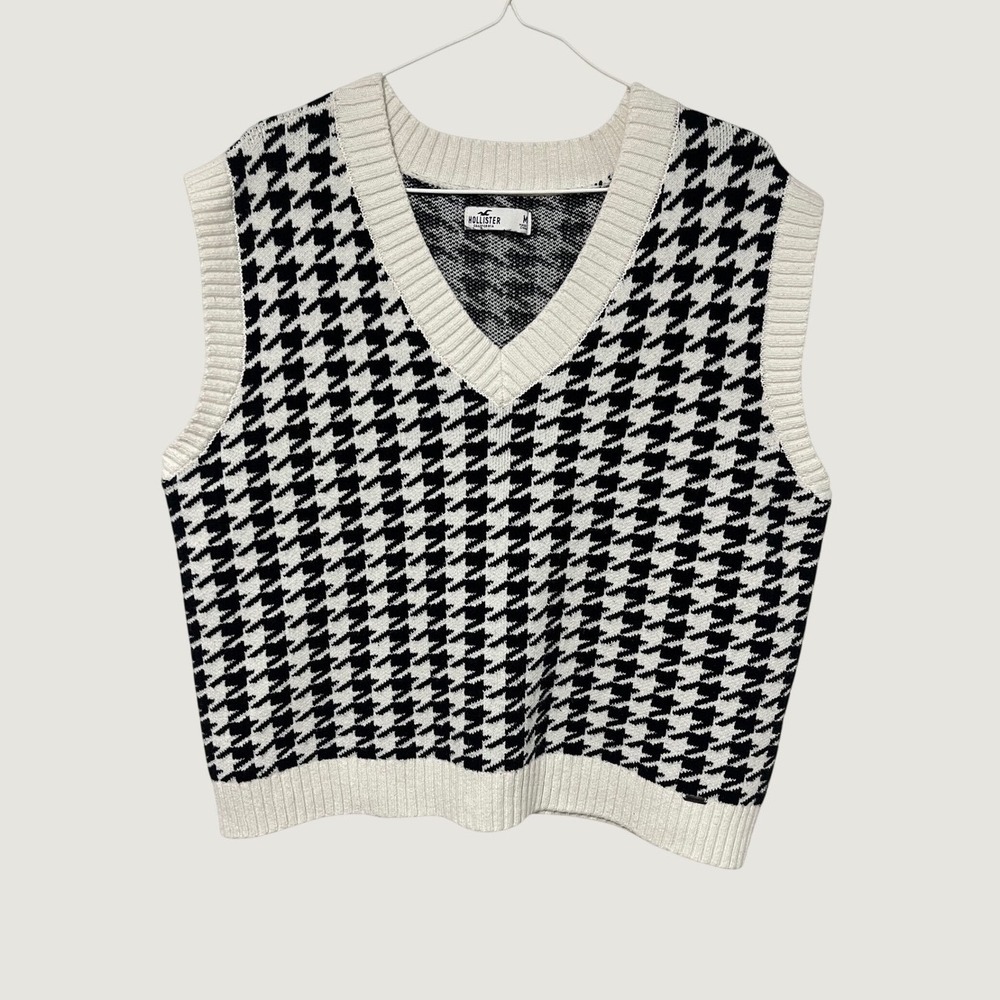 Hollister Womens Houndstooth Sweater Vest Black White V-Neck Preppy Knit Size M